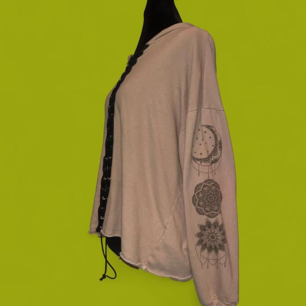 Beige Lace Up Lightweight Hoodie Mandala Sleeve Y2K Boho Top